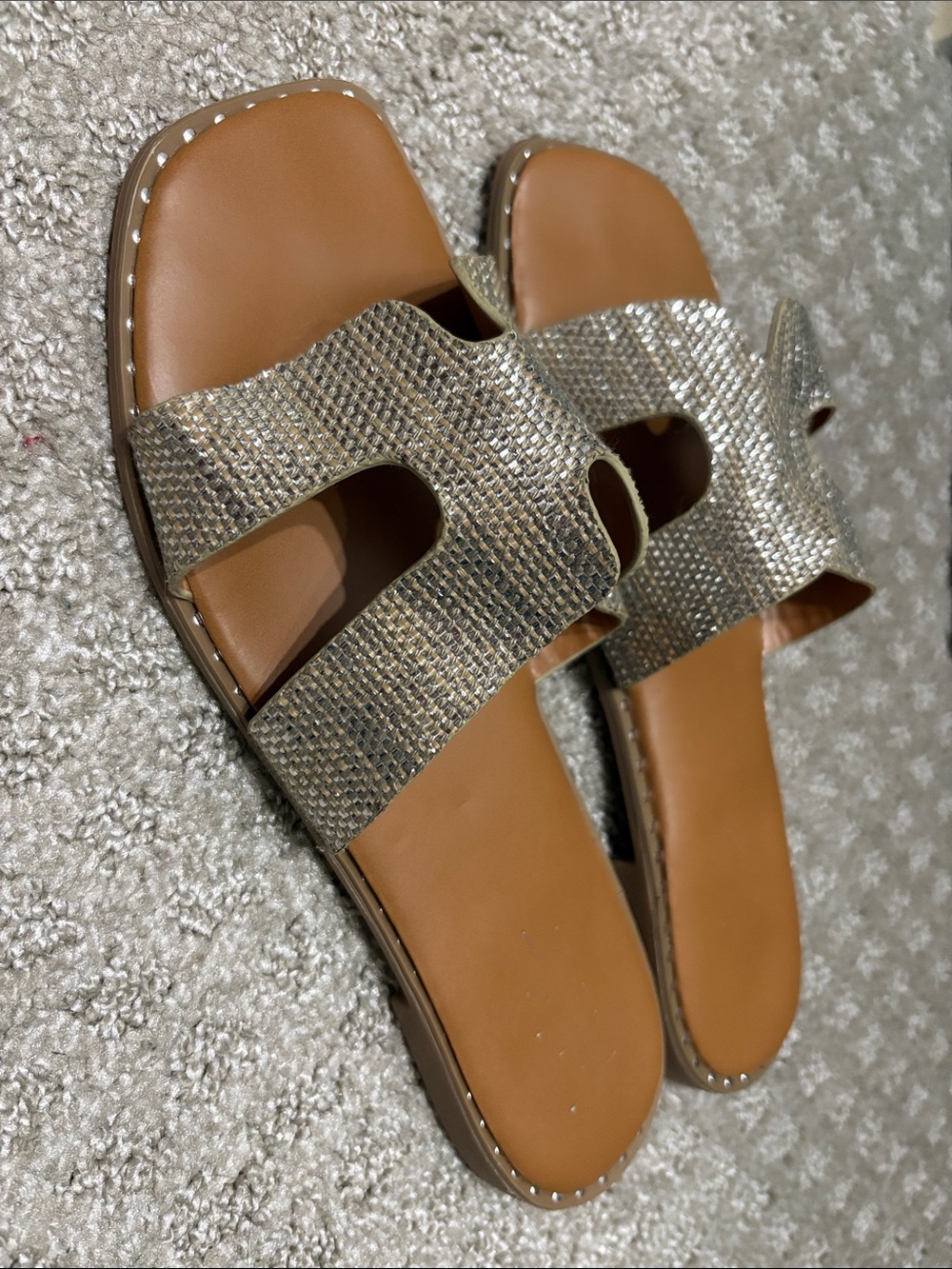 Sparkle Strappy Tan Slide Sandals